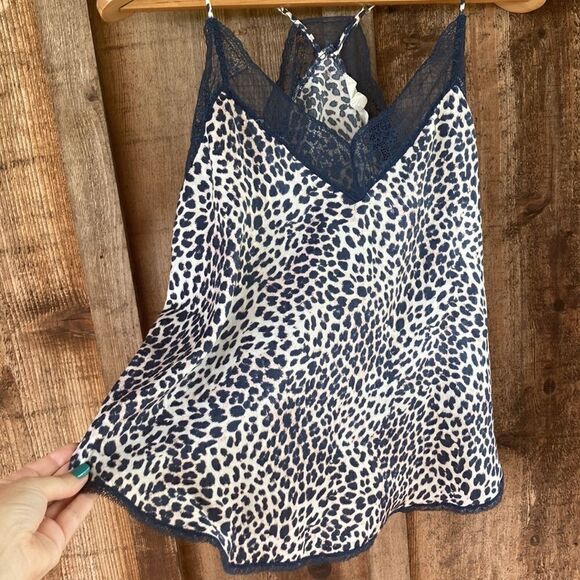 Lovestitch Lace Trim Animal Leopard Print Satin Camisole Racerback V-neck Tank - Picture 5 of 10